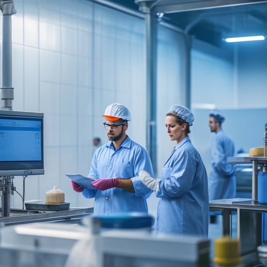 A clean and modern factory interior with stainless steel equipment, a worker in a hairnet and gloves inspecting a production line, and a certificate on the wall with a prominent checkmark.