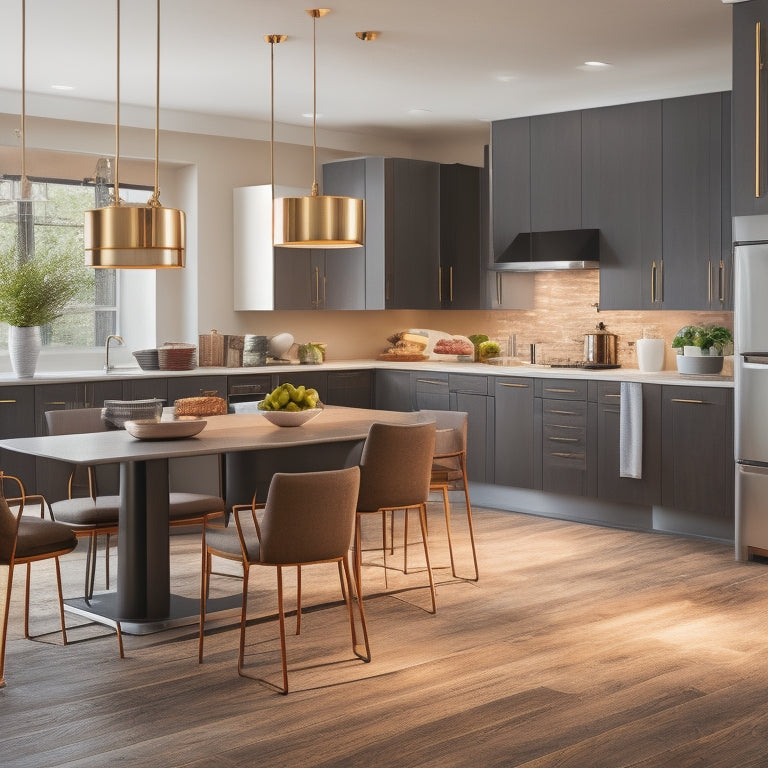 An open-concept kitchen with sleek, metallic appliances and a large central island, surrounded by modern, minimalist tables and chairs, amidst a warm, inviting atmosphere with soft lighting.