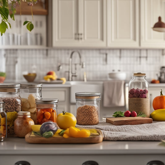A clutter-free kitchen countertop with a smartphone displaying a kitchen inventory app, surrounded by organized jars, baskets, and a few fresh fruits, with a blurred kitchen background.