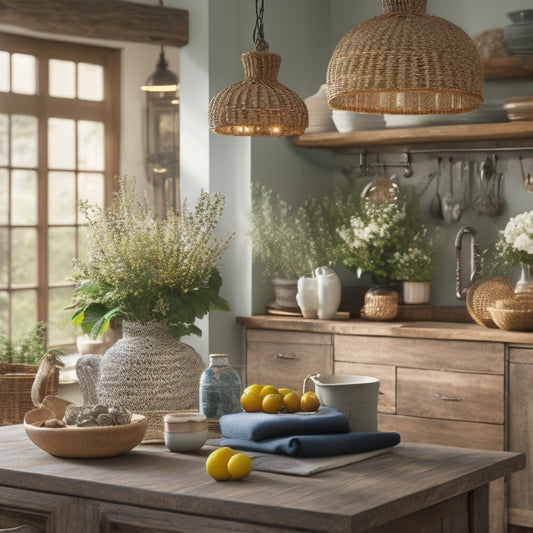 Generate an image of a stylish kitchen with a distressed wooden island, pendant lights above, and a vase with fresh flowers on the counter, surrounded by artisanal ceramics and woven baskets.