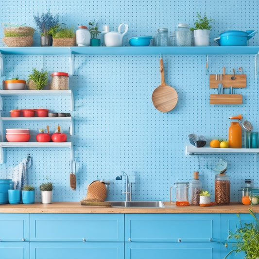 A bright, organized kitchen featuring a white pegboard mounted on a light blue wall, adorned with colorful utensils, pots, and tools, with a wooden workbench below, showcasing neatly arranged jars and fresh herbs.