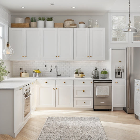 A bright, modern kitchen with sleek white cabinets, featuring a combination of pull-out drawers, adjustable shelves, and a pegboard with utensils, set against a warm beige backsplash and dark hardwood floors.