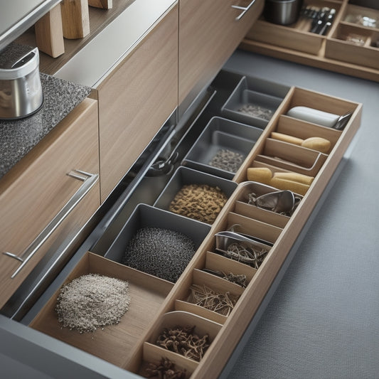 A sleek, modern kitchen featuring minimalist roll-out trays, elegantly organized with neatly arranged spices, utensils, and cookware. Soft natural light illuminates the clean lines and muted color palette of the cabinetry.