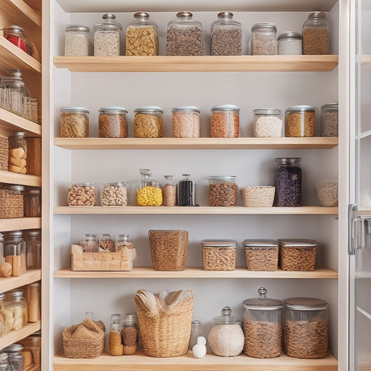A brightly lit, organized pantry with custom-labeled jars, baskets, and shelves in a calming color scheme, featuring a mix of glass and wooden containers, with a few strategically placed decorative accents.