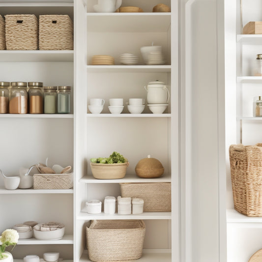 A minimalist, white pantry with sleek, modern shelving, featuring ceramic jars and baskets with simple, hand-painted labels in a soft, muted color palette, surrounded by warm, natural light.