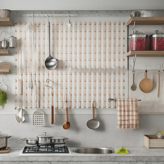 A clutter-free kitchen countertop with a utensil organizer, a few strategically placed hooks, a suspended pot lid rack, and a pegboard with neatly arranged kitchen tools.