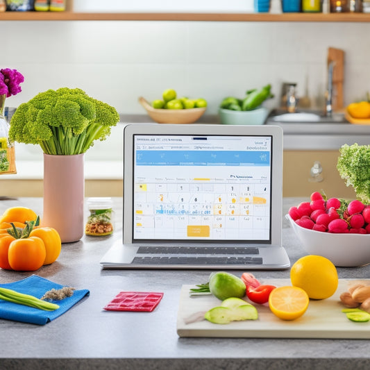 A colorful, organized kitchen countertop with a whiteboard calendar, a vase with fresh veggies, a few cookbooks, and a laptop open to a meal planning website, surrounded by allergy-friendly food labels.