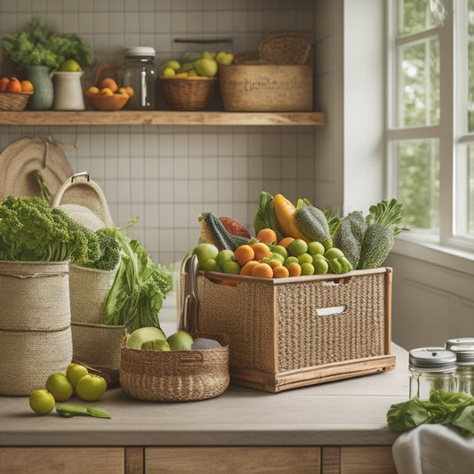 A serene, minimalist kitchen with a wooden crate filled with fresh, vibrant fruits and vegetables, alongside a woven basket containing leafy greens, and a few glass jars with metal lids in the background.