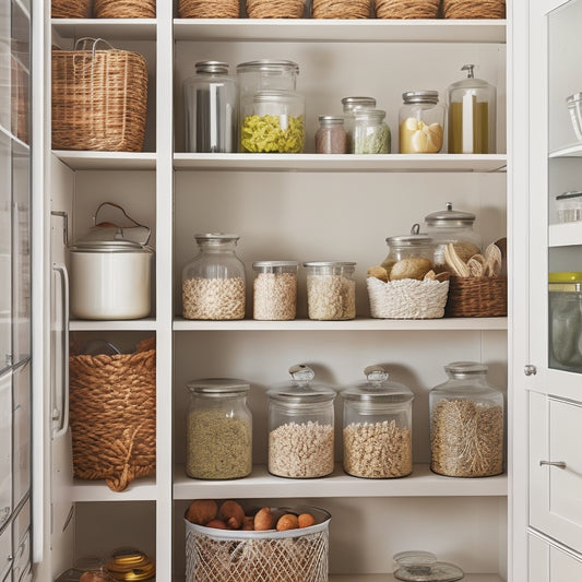 A tidy kitchen pantry with adjustable shelves, wire baskets, and a Lazy Susan, featuring a mix of clear glass jars, woven baskets, and sleek containers in a calming neutral color scheme.