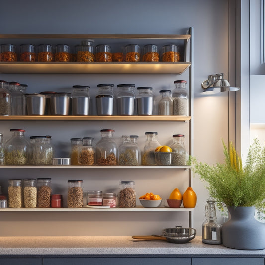 A modern, sleek kitchen with a revamped spice rack attached to the wall, holding 12 glass jars with silver lids, surrounded by utensils and cookbooks, with a subtle warm lighting effect.