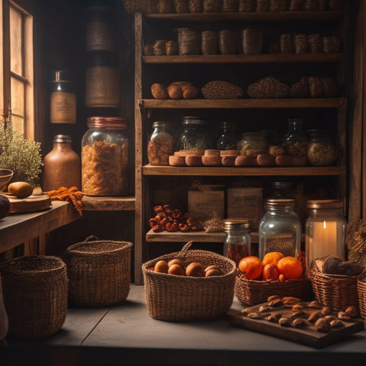 A dimly lit, rustic pantry with wooden shelves stacked with Mason jars, canned goods, and baskets of dried fruits and nuts, surrounded by vintage farming tools and twinkling candles.