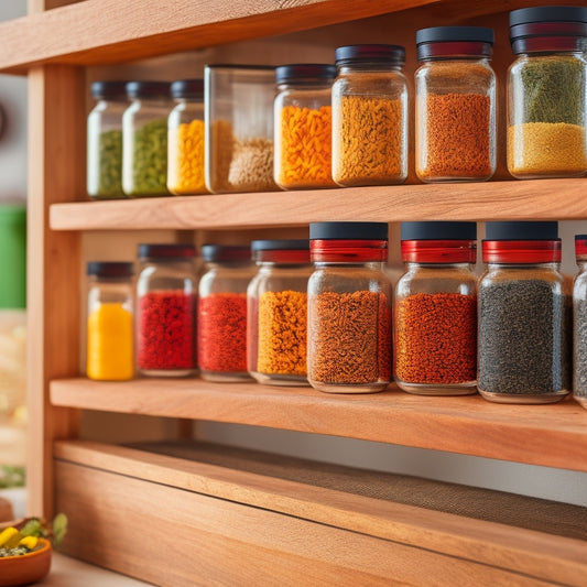 A beautifully organized kitchen spice rack featuring colorful stackable containers with clear lids, filled with various spices. The background showcases wooden shelves and herbs in pots for a warm, inviting atmosphere.