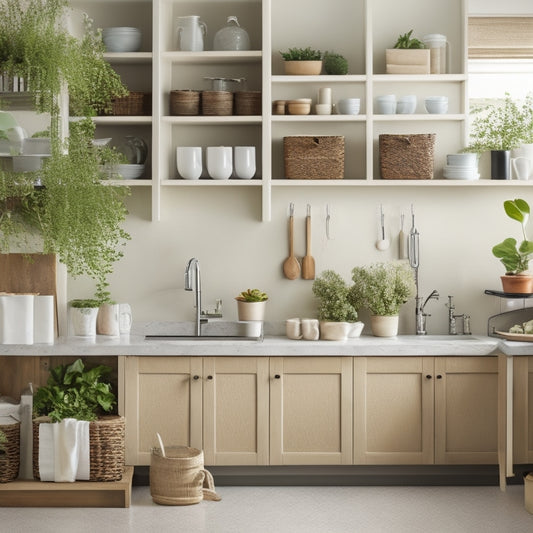 A tidy kitchen with open cabinets, showcasing organized shelves, baskets, and containers in neutral tones, surrounded by a few strategically placed kitchen utensils and a vase with fresh greenery.