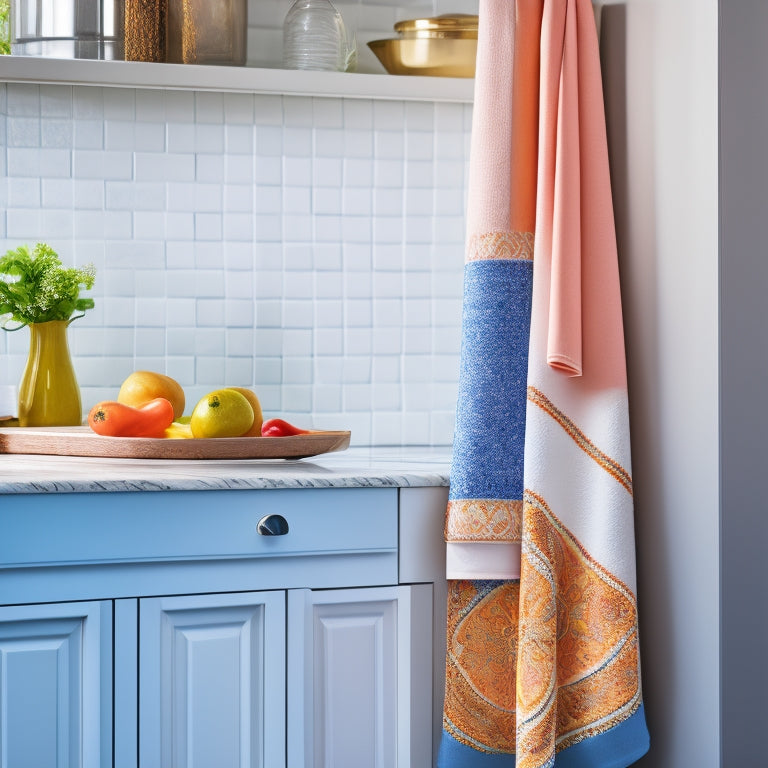 A stylish over-the-door kitchen towel holder draped with colorful, patterned towels, set against a modern kitchen backdrop with sleek cabinets, a marble countertop, and soft natural light filtering through a nearby window.