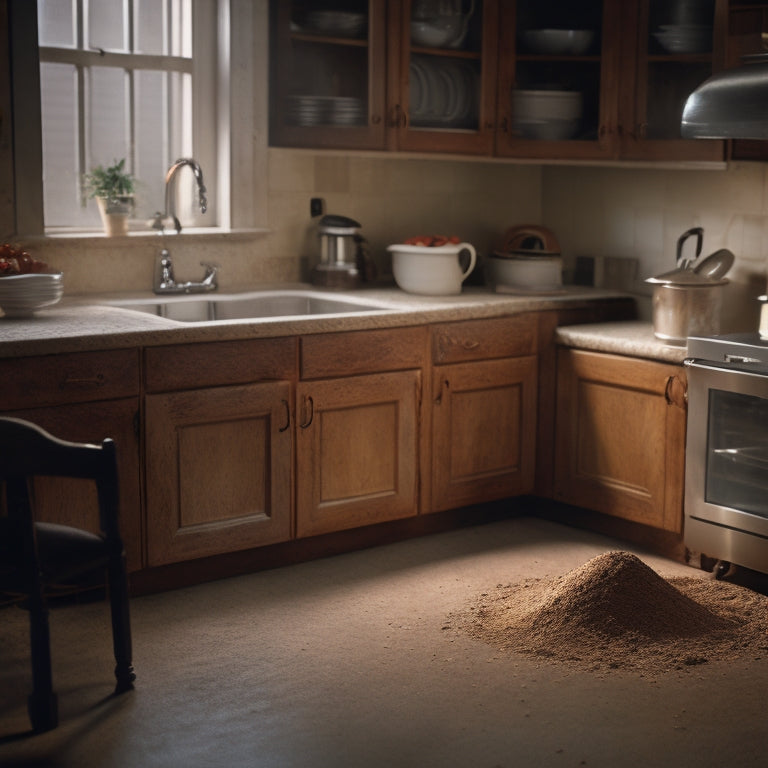 A dimly lit kitchen with crumbs and dust accumulating in the crevices of worn, wooden cabinets, and a faint trail of ants marching up the corner of a cracked, white countertop.