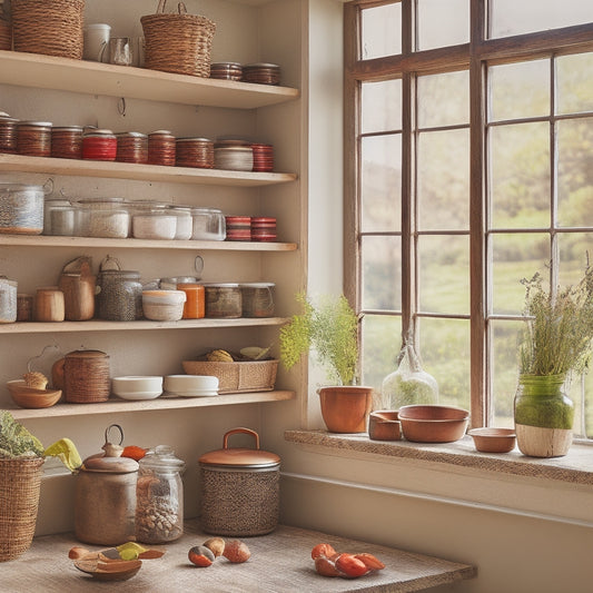 A cozy kitchen with rustic wooden wall racks displaying colorful spices in glass jars, hanging pots and pans, and neatly arranged utensils, framed by soft natural light streaming through a nearby window.