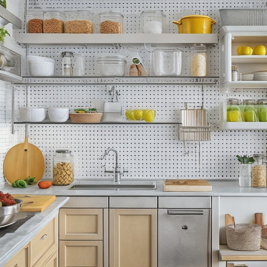 A bright, modern kitchen with sleek countertops, featuring a pegboard with hanging utensils, a tiered spice rack, and a pull-out pantry organizer, surrounded by subtle hints of natural light.