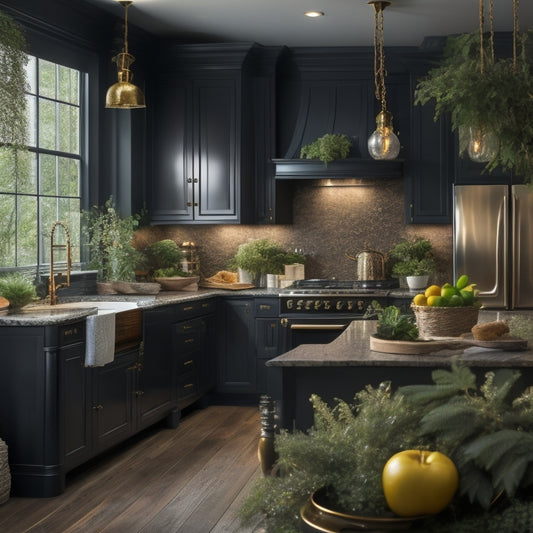 A beautifully styled kitchen with a large, dark-wood island at its center, featuring cabinets with a rich, velvety black glaze finish, surrounded by warm golden lighting and lush greenery.