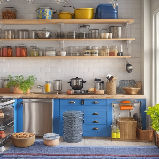 A cozy small kitchen featuring magnetic spice jars on a vibrant backsplash, hanging pot racks, neatly arranged drawer dividers, and a compact rolling cart filled with colorful cooking utensils, all bathed in warm, natural light.