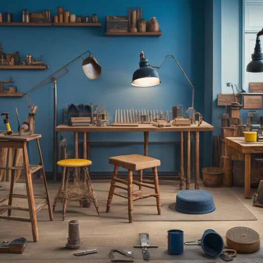 A clutter-free workshop background with various stool and chair parts, tools, and instruction manuals, arranged in an organized and visually appealing manner, with a subtle hint of DIY enthusiasm.