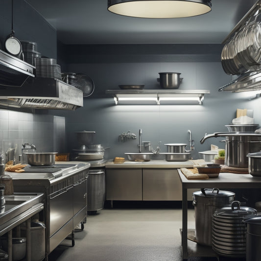 A dimly lit commercial kitchen with stainless steel shelves, laden with heavy pots, pans, and utensils, alongside a faintly visible checklist or inspection report on a clipboard in the foreground.