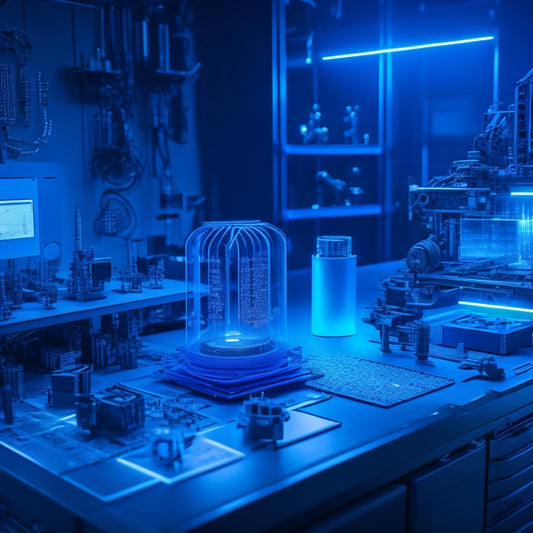 A futuristic workshop with a 3D printer in the center, surrounded by innovative designs, glowing blue circuits, and metallic parts, with a subtle grid pattern in the background, symbolizing creativity and innovation.