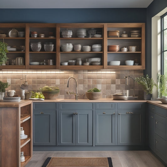 A kitchen interior with sleek, floor-to-ceiling cabinets in a warm wood tone, showcasing various vertical storage solutions: stacked drawers, pull-out shelves, and wall-mounted pot racks.