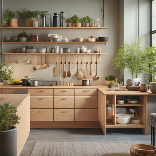 A modern kitchen featuring sleek, wooden sliding drawers filled with organized utensils, pots, and pans. Soft, ambient lighting highlights the spacious layout, with a minimalist design and a touch of greenery in the background.