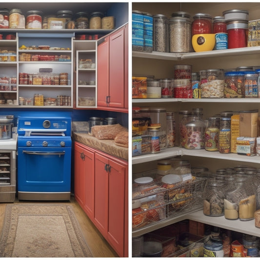 A split-screen image featuring a cluttered kitchen pantry with expired cans and open packages on the left, and a tidy pantry with organized shelves, labeled containers, and a thermometer on the right.