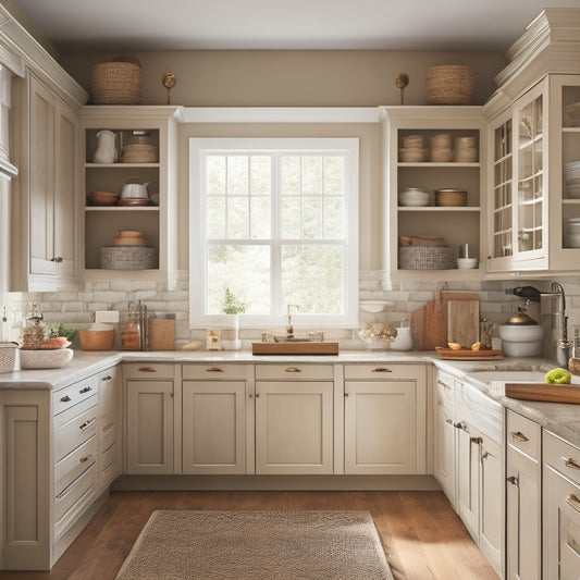 A warm, inviting kitchen with subtle age-friendly design elements: a walk-in pantry with pull-out shelves, a sink with lever handles, and a cooktop with tactile knobs, set against a calming background of soft wood tones and natural light.