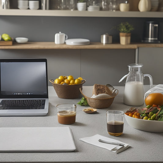 A serene, organized kitchen counter with a few essential items: a laptop, a cup of coffee, a small notebook, and a few shopping bags with visible contents like fresh produce and canned goods.