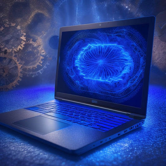 A futuristic, sleek laptop with a glowing screen displaying a stylized, swirling vortex of interconnected gears, cogs, and puzzle pieces in shimmering blues and silvers, set against a dark, gradient background.