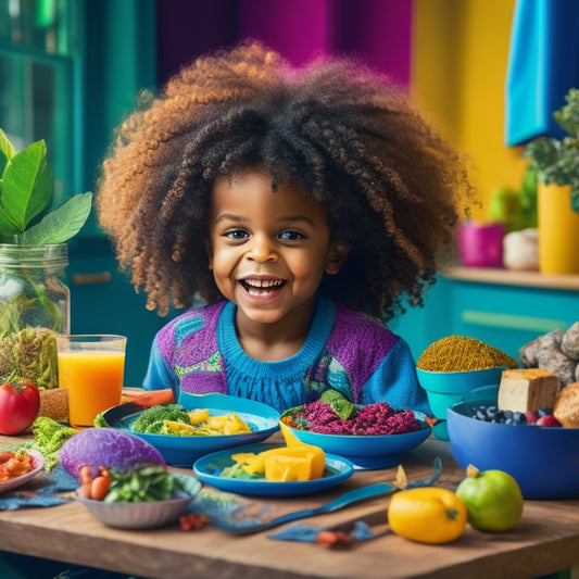 A colorful, vibrant illustration of a happy, curly-haired child sitting at a table with a variety of nutritious food groups, surrounded by subtle, encouraging gestures from a parent.