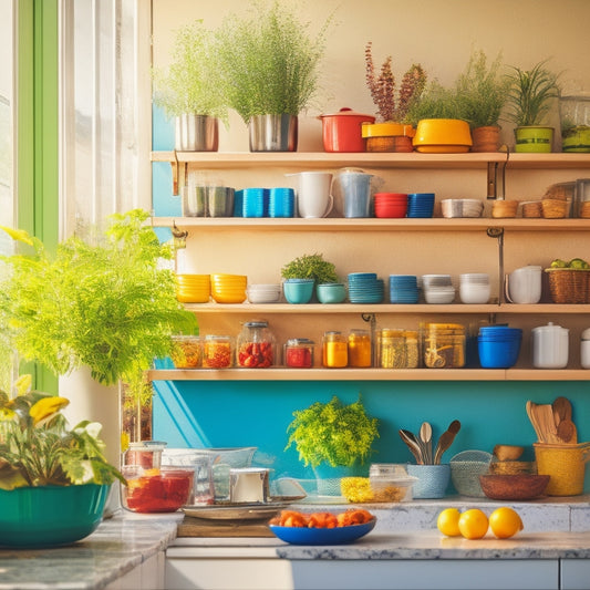 A bright, modern kitchen featuring tiered racks filled with colorful spices, neatly arranged cookware, and fresh herbs in small pots. Soft sunlight streams through a window, casting gentle shadows on the organized shelves.