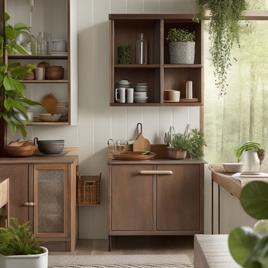 A stylish corner cabinet featuring various dish drainer designs: sleek wood, modern metal, and vintage ceramic. Show neatly arranged dishes, silverware, and vibrant kitchen plants, all bathed in warm, natural light.