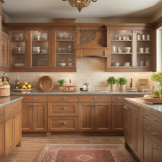 An organized kitchen with refaced cabinets in a warm, honey-brown finish, featuring soft-close drawers, adjustable shelves, and ornate hardware, surrounded by a clutter-free countertop and a few decorative vases.