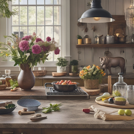 A beautifully styled kitchen with a rustic wooden island, adorned with a vase of fresh flowers, surrounded by decorative kitchen utensils, and a blurred-out digital tablet in the corner displaying a kitchen decor design.