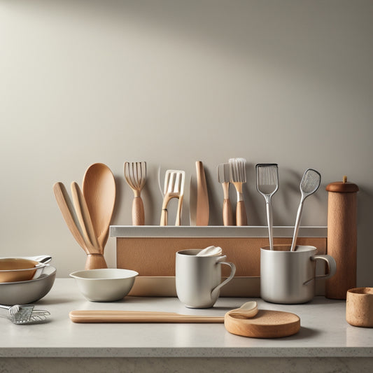 A tidy kitchen countertop with a small utensil organizer, containing neatly arranged wooden spoons, silicone spatulas, and a stainless steel whisk, against a soft, warm beige background.