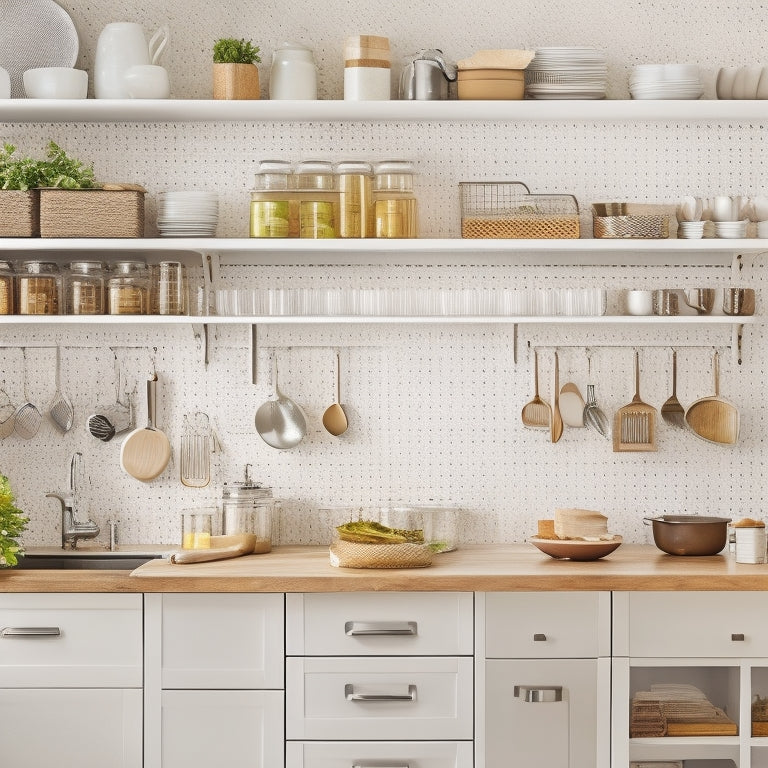 A bright, modern kitchen with a neutral color palette, featuring a pegboard with neatly organized utensils, a tiered spice rack, and a drawer with dividers and labeled baskets.