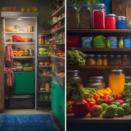 A split-screen image featuring a cluttered, dimly lit pantry with expired cans and wilted produce on one side, and a tidy, well-organized fridge with crisp vegetables and sealed containers on the other.