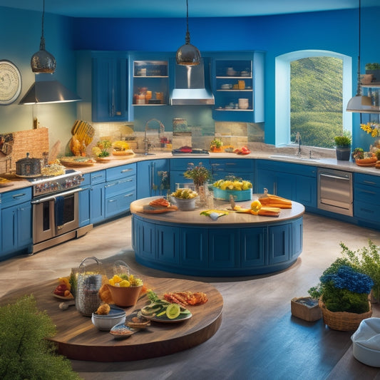 A modern, well-lit kitchen with a large, circular island featuring separate zones for gluten-free, vegan, and kosher food preparation, with labeled baskets and color-coded utensils and appliances.