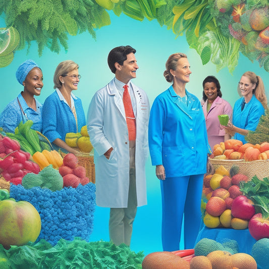 A colorful, lively illustration of a pediatrician, nutritionist, and therapist standing back-to-back, forming a united front, surrounded by a whirlwind of fruits, vegetables, and healthy snacks.
