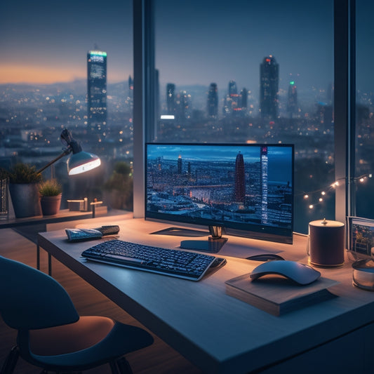 A sleek, modern desk with a futuristic laptop and a minimalist chair, surrounded by subtle, shimmering fairy lights, with a cityscape at dusk blurred in the background.