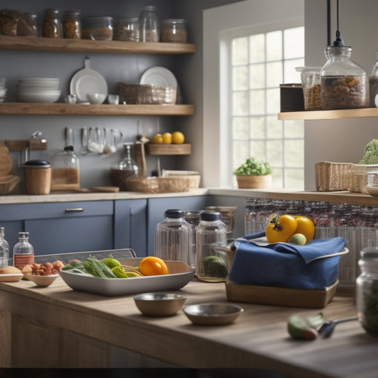 A well-organized kitchen with a tablet on the counter displaying a virtual inventory spreadsheet, surrounded by neatly labeled jars, baskets, and shelves stocked with fresh produce and culinary tools.