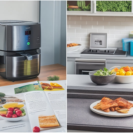 A split-screen image featuring a Haier AFD631CX air fryer in a modern kitchen setting on one side, and a stack of colorful, neatly organized manuals with tabs and highlighted sections on the other.