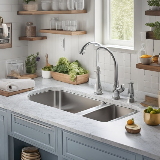 A clutter-free kitchen sink area with a slide-out drawer, a pedestal sink organizer, and a wall-mounted shelf, all filled with various cleaning supplies and tools, with a subtle background of marble countertops.