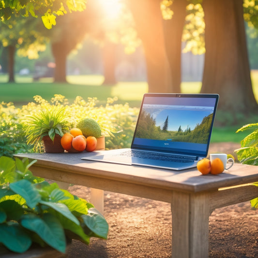 A vibrant, open laptop on a park bench, surrounded by lush greenery, with a slice of fresh fruit and a steaming cup of coffee beside it, basking in warm, golden sunlight.