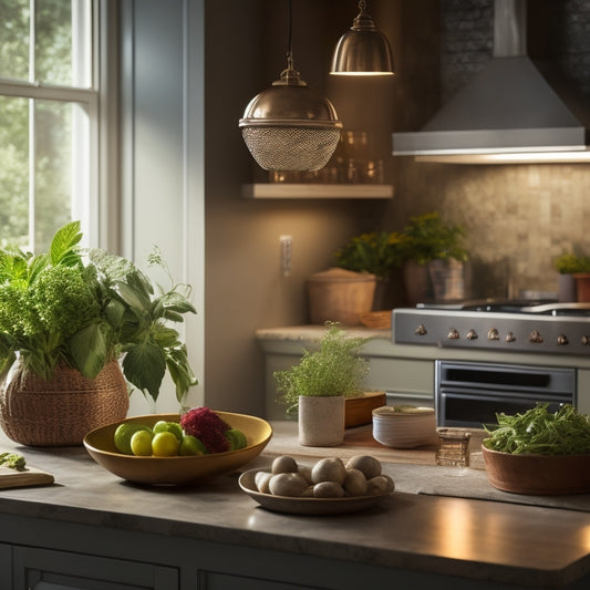 A warm, softly lit kitchen with elegant under-cabinet lights illuminating a sleek countertop, highlighting fresh herbs, a cutting board, and a stylish bowl of fresh vegetables, creating an inviting and cozy ambiance.