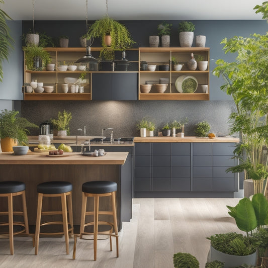 A modern modular kitchen showcasing sleek cabinets, open shelving, and smart storage solutions. Highlight a central island with bar stools, organized drawers, and vibrant plants, all under warm ambient lighting to create an inviting atmosphere.