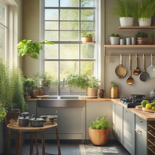 A cozy kitchen with a sleek wall-mounted pot rack, elegantly showcasing various pots and pans. The background features a small herb garden on the windowsill, and sunlight illuminating the cooking space.
